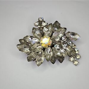 Vintage Rhinestone Icy Floral Aurora Borealis Marquis Cut Cluster Brooch Pin